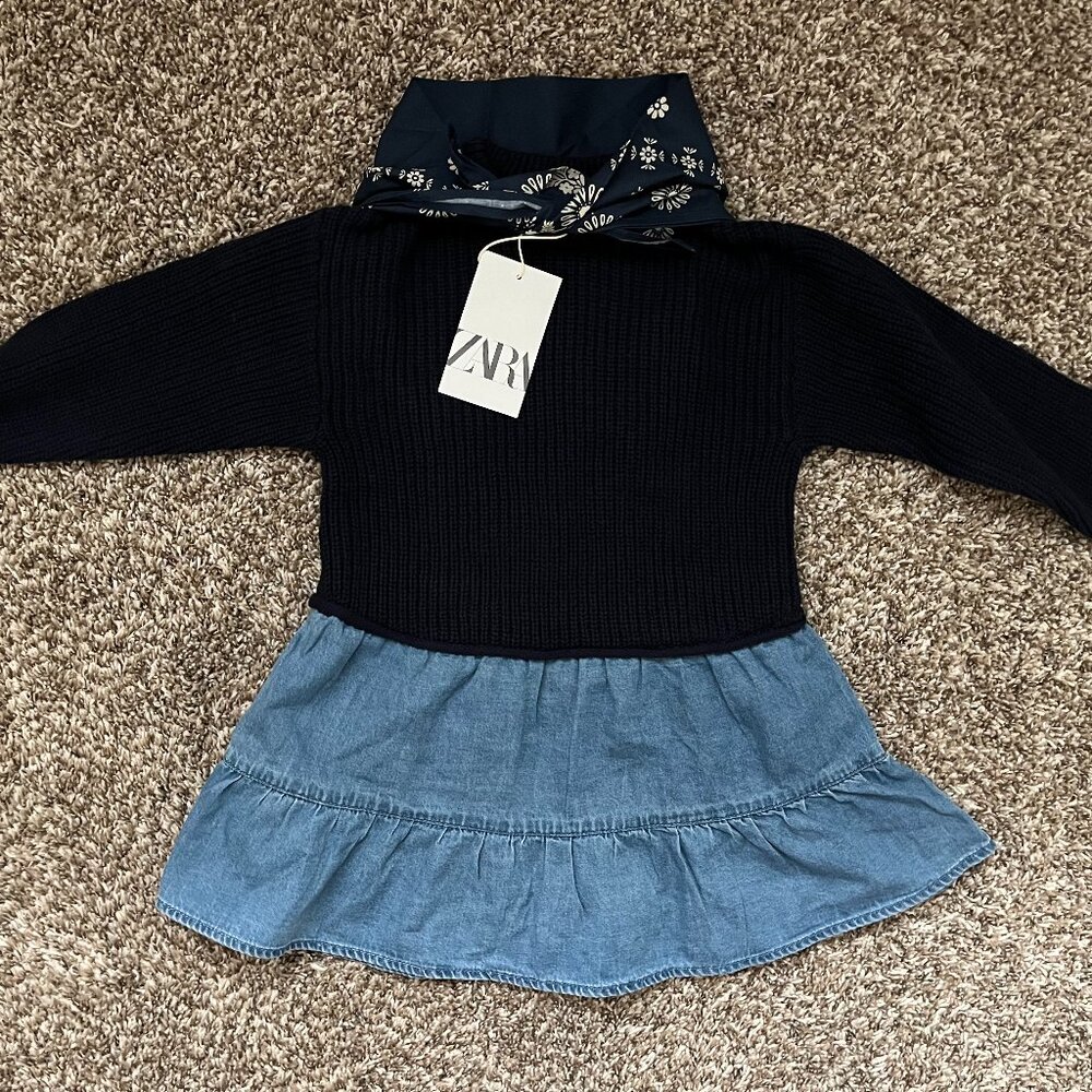 NEW ZARA Kids - Girls Navy Blue Combo Knit Dress w/ shawl - Size 5T